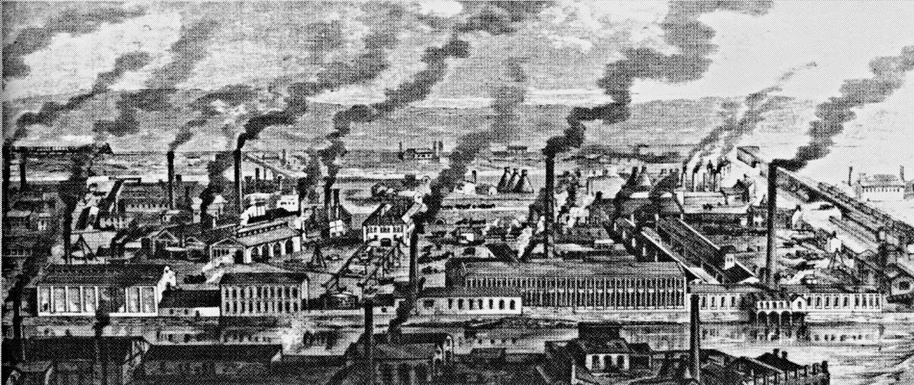 Dibujo que muestra la contaminación de las fábricas en la revolución industrial.