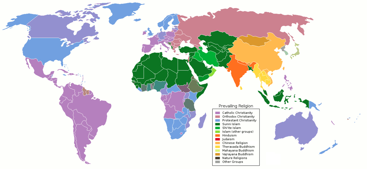 mapa que muestra la distribución geográfica de las religiones en el mundo